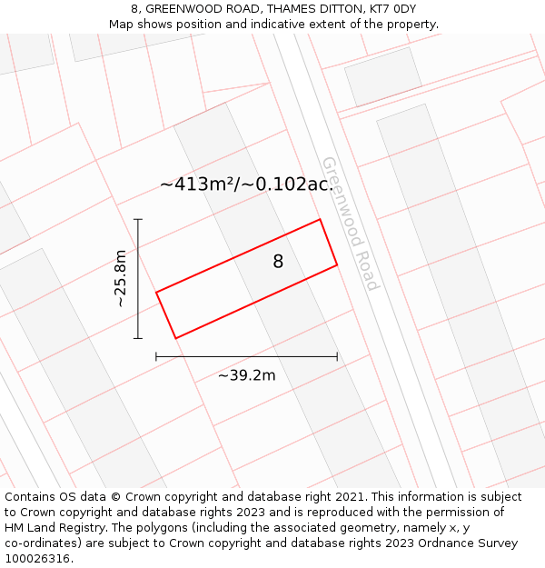 8, GREENWOOD ROAD, THAMES DITTON, KT7 0DY: Plot and title map