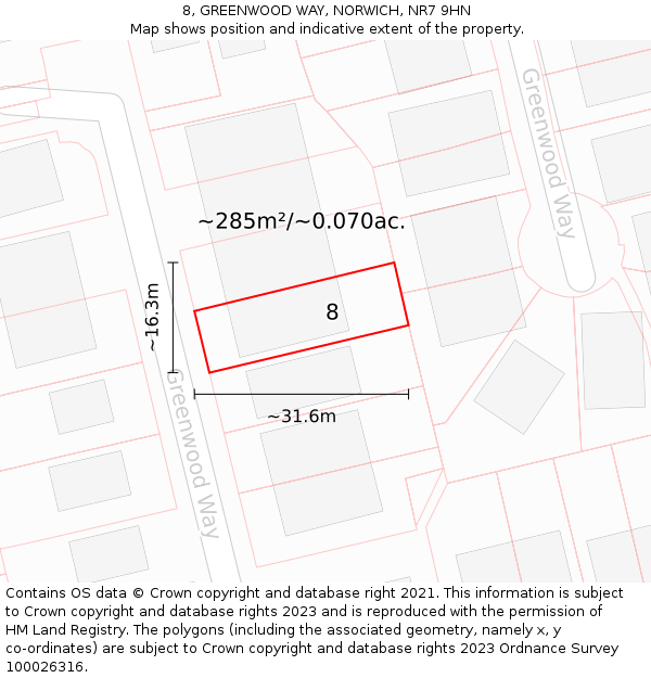 8, GREENWOOD WAY, NORWICH, NR7 9HN: Plot and title map