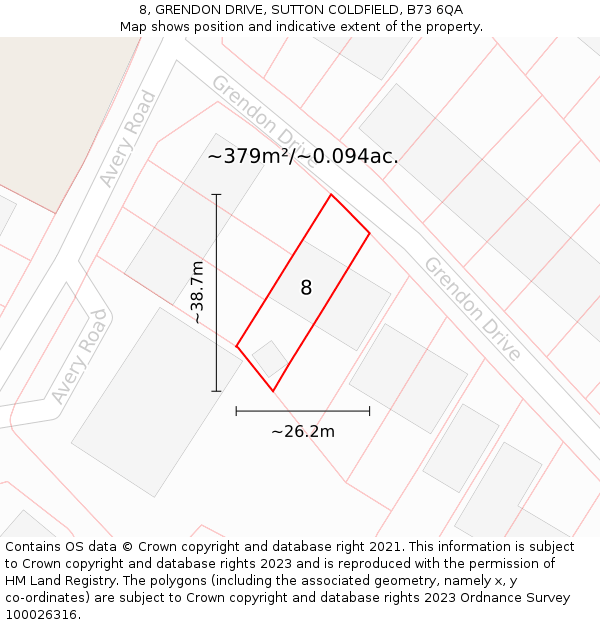 8, GRENDON DRIVE, SUTTON COLDFIELD, B73 6QA: Plot and title map