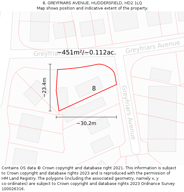 8, GREYFRIARS AVENUE, HUDDERSFIELD, HD2 1LQ: Plot and title map