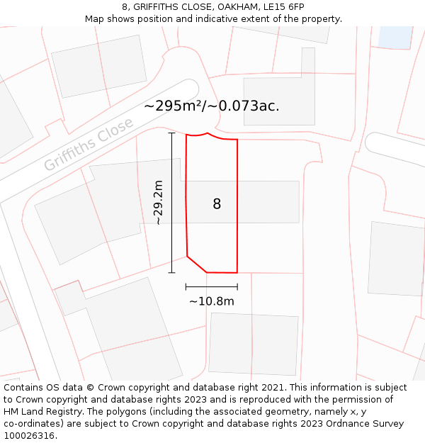 8, GRIFFITHS CLOSE, OAKHAM, LE15 6FP: Plot and title map