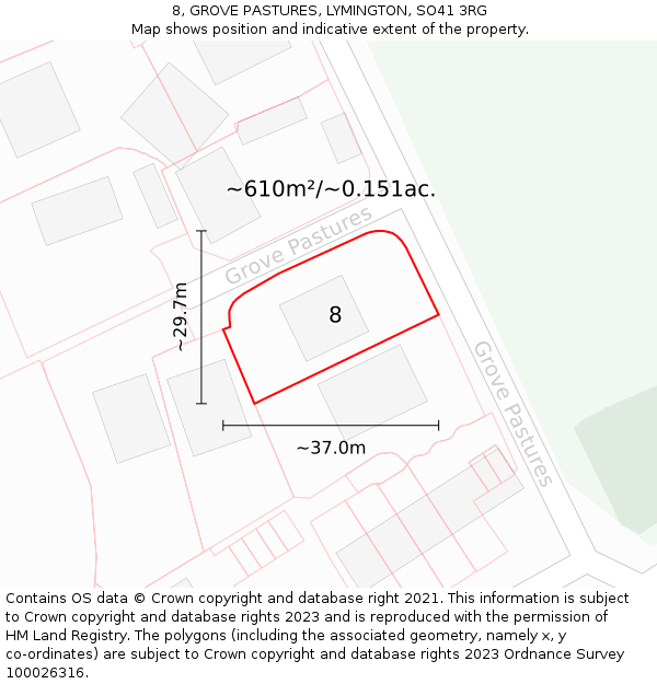 8, GROVE PASTURES, LYMINGTON, SO41 3RG: Plot and title map