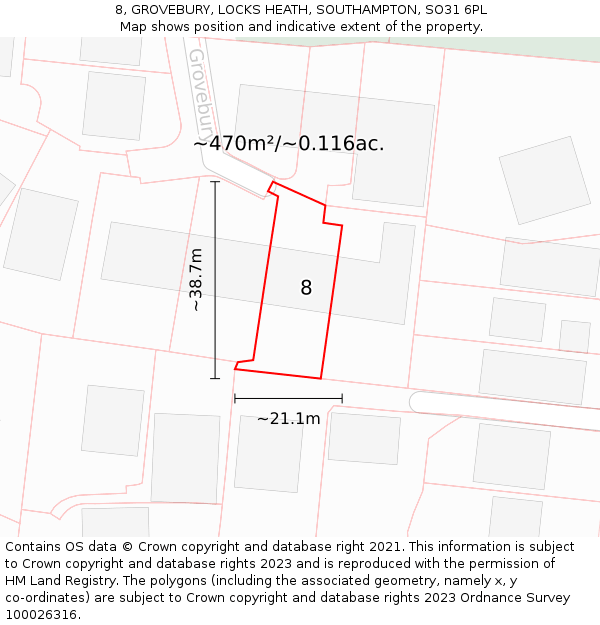 8, GROVEBURY, LOCKS HEATH, SOUTHAMPTON, SO31 6PL: Plot and title map