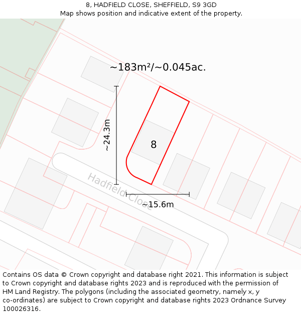 8, HADFIELD CLOSE, SHEFFIELD, S9 3GD: Plot and title map