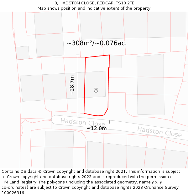 8, HADSTON CLOSE, REDCAR, TS10 2TE: Plot and title map