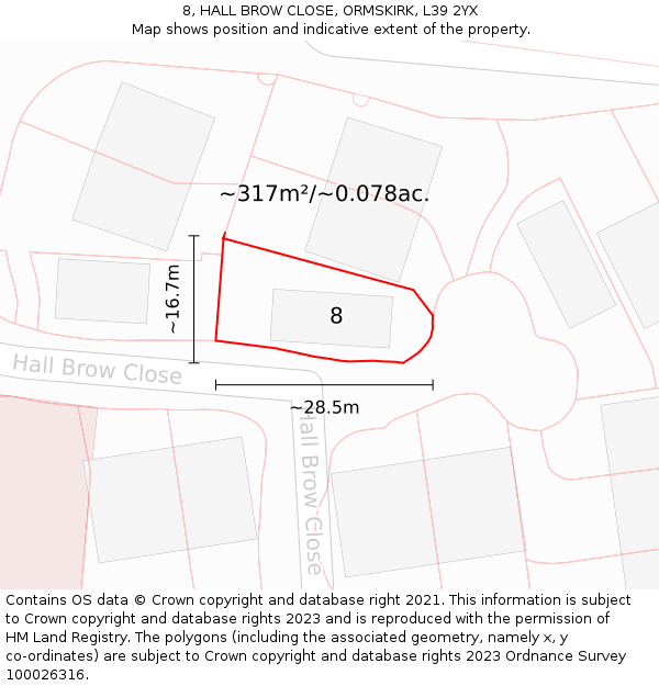 8, HALL BROW CLOSE, ORMSKIRK, L39 2YX: Plot and title map
