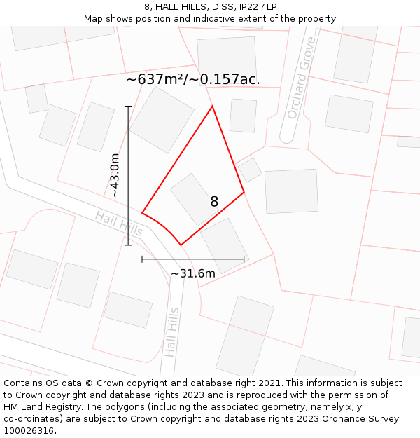 8, HALL HILLS, DISS, IP22 4LP: Plot and title map