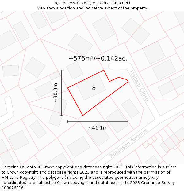 8, HALLAM CLOSE, ALFORD, LN13 0PU: Plot and title map