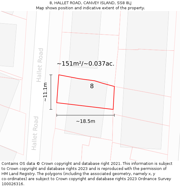 8, HALLET ROAD, CANVEY ISLAND, SS8 8LJ: Plot and title map