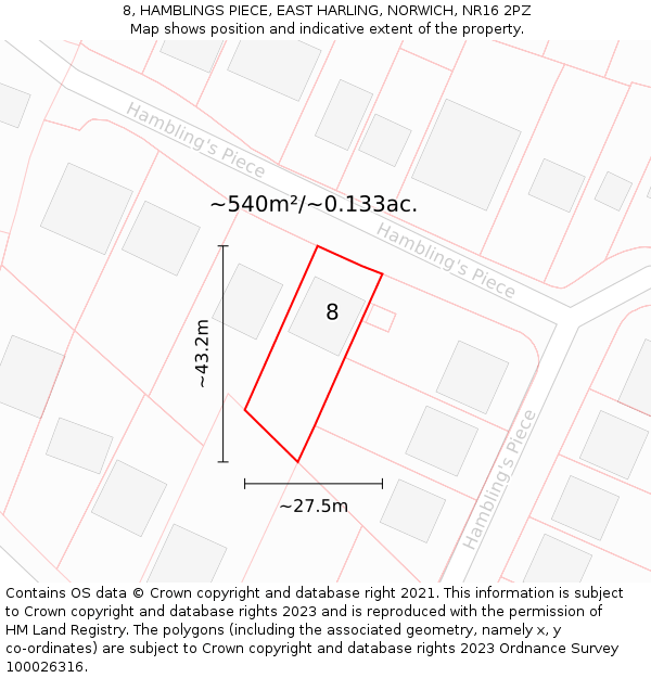 8, HAMBLINGS PIECE, EAST HARLING, NORWICH, NR16 2PZ: Plot and title map