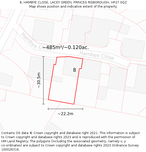 8, HAMBYE CLOSE, LACEY GREEN, PRINCES RISBOROUGH, HP27 0QZ: Plot and title map