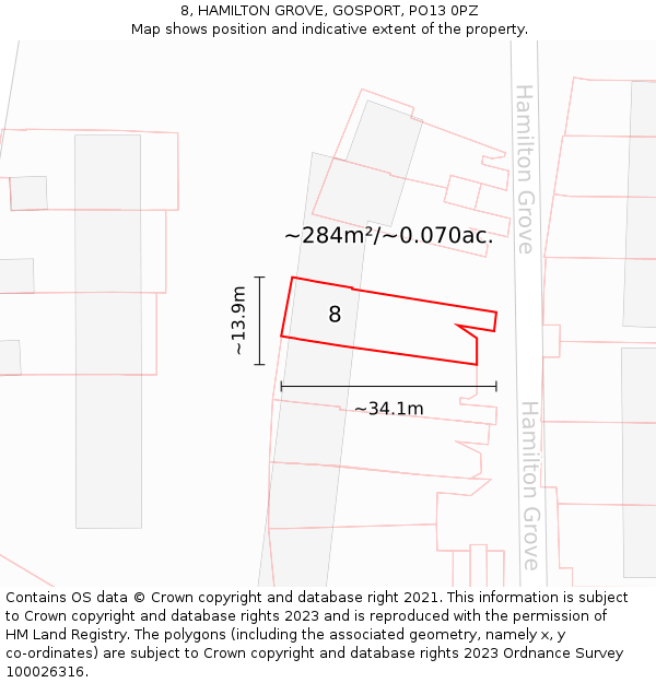 8, HAMILTON GROVE, GOSPORT, PO13 0PZ: Plot and title map