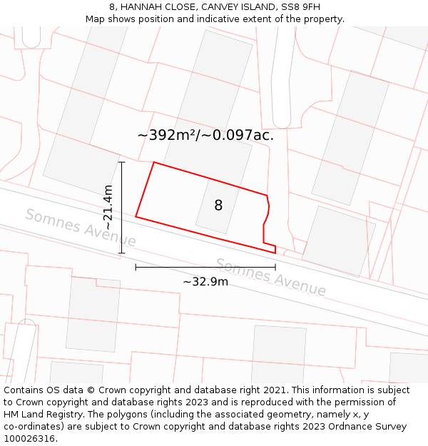 8, HANNAH CLOSE, CANVEY ISLAND, SS8 9FH: Plot and title map