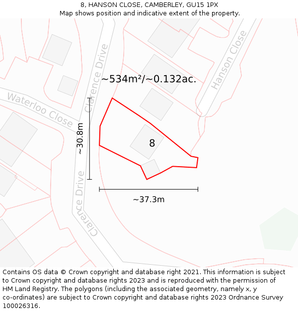 8, HANSON CLOSE, CAMBERLEY, GU15 1PX: Plot and title map