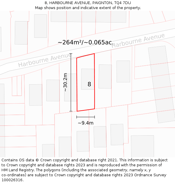 8, HARBOURNE AVENUE, PAIGNTON, TQ4 7DU: Plot and title map