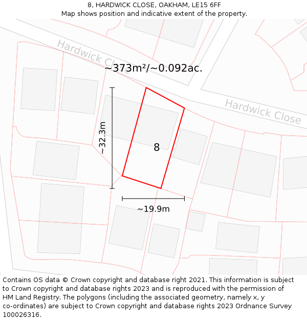 8, HARDWICK CLOSE, OAKHAM, LE15 6FF: Plot and title map