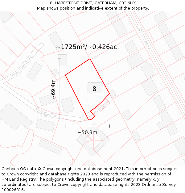 8, HARESTONE DRIVE, CATERHAM, CR3 6HX: Plot and title map