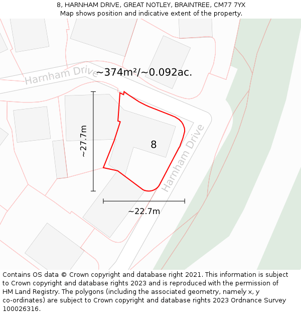 8, HARNHAM DRIVE, GREAT NOTLEY, BRAINTREE, CM77 7YX: Plot and title map