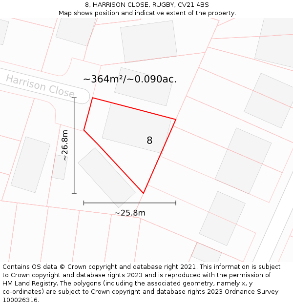 8, HARRISON CLOSE, RUGBY, CV21 4BS: Plot and title map