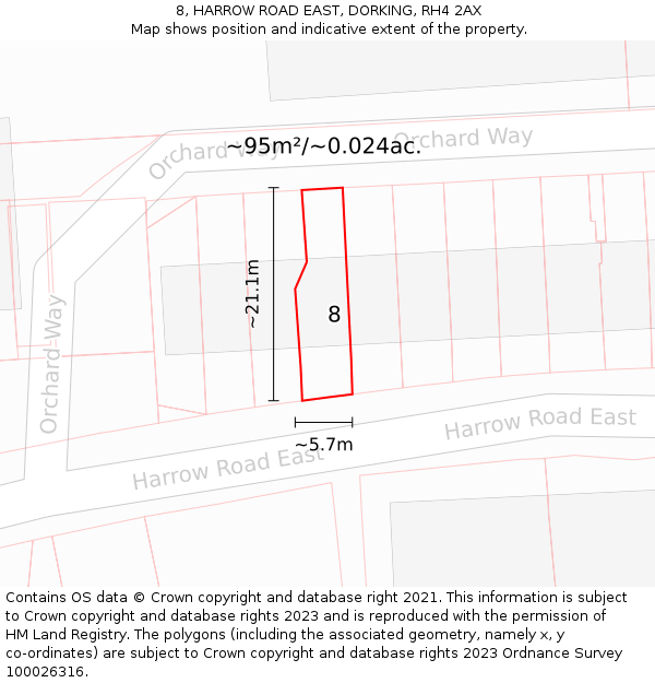 8, HARROW ROAD EAST, DORKING, RH4 2AX: Plot and title map