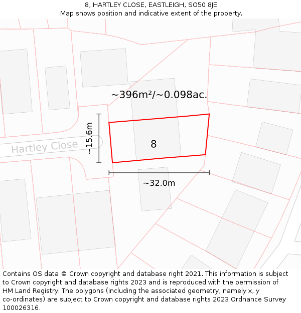 8, HARTLEY CLOSE, EASTLEIGH, SO50 8JE: Plot and title map