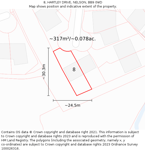 8, HARTLEY DRIVE, NELSON, BB9 0WD: Plot and title map