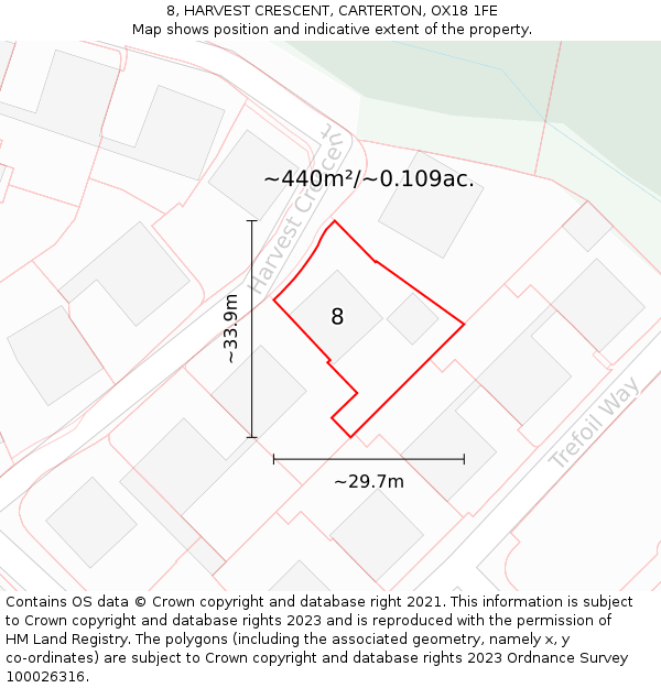 8, HARVEST CRESCENT, CARTERTON, OX18 1FE: Plot and title map