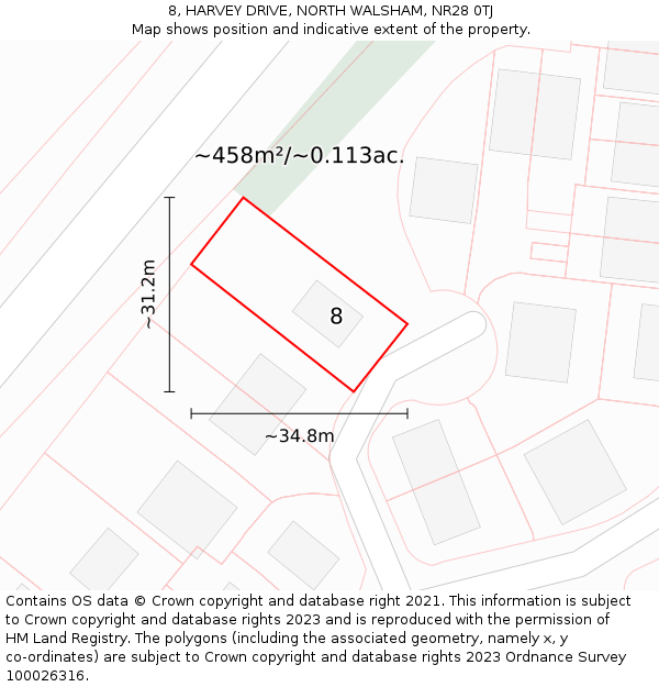 8, HARVEY DRIVE, NORTH WALSHAM, NR28 0TJ: Plot and title map