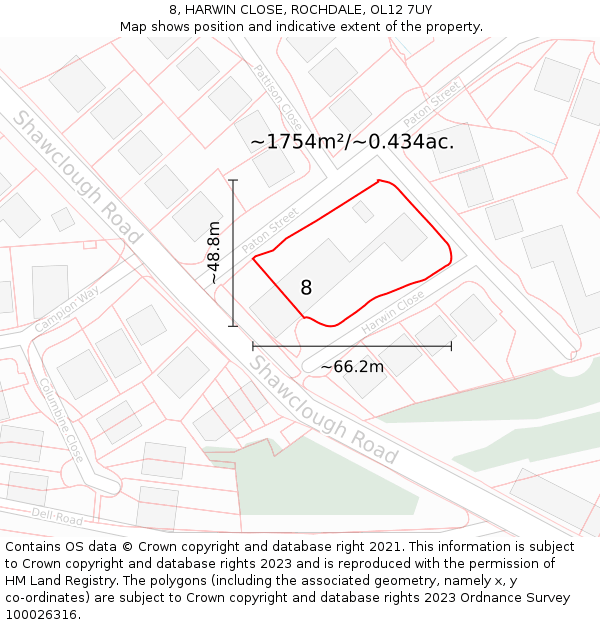 8, HARWIN CLOSE, ROCHDALE, OL12 7UY: Plot and title map