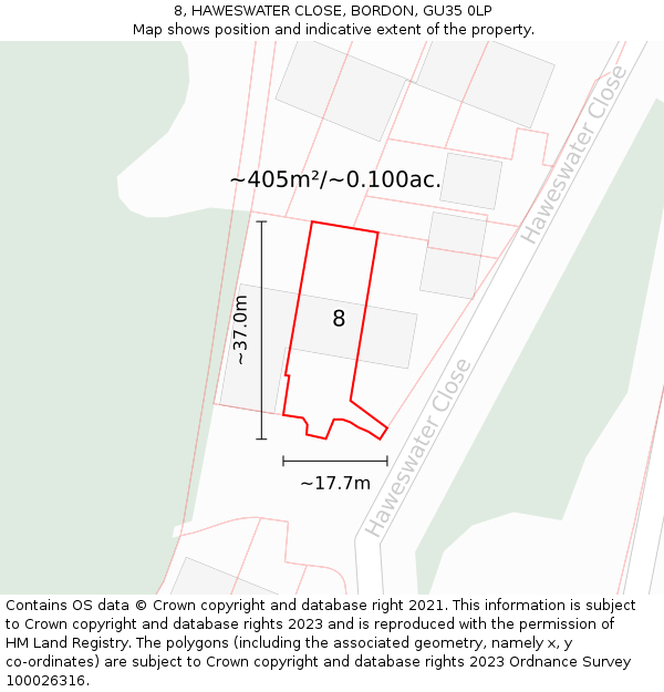 8, HAWESWATER CLOSE, BORDON, GU35 0LP: Plot and title map