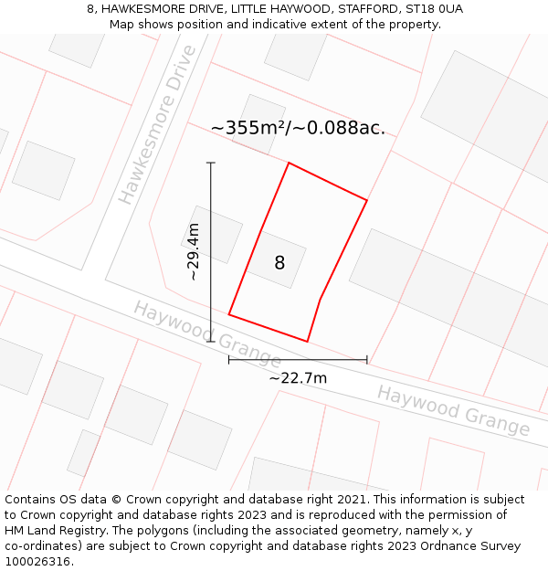 8, HAWKESMORE DRIVE, LITTLE HAYWOOD, STAFFORD, ST18 0UA: Plot and title map