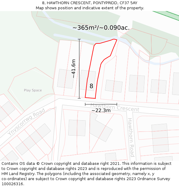 8, HAWTHORN CRESCENT, PONTYPRIDD, CF37 5AY: Plot and title map