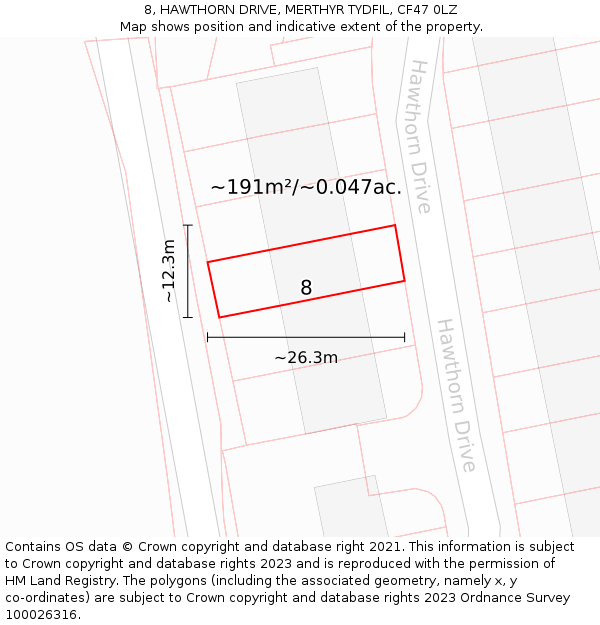 8, HAWTHORN DRIVE, MERTHYR TYDFIL, CF47 0LZ: Plot and title map