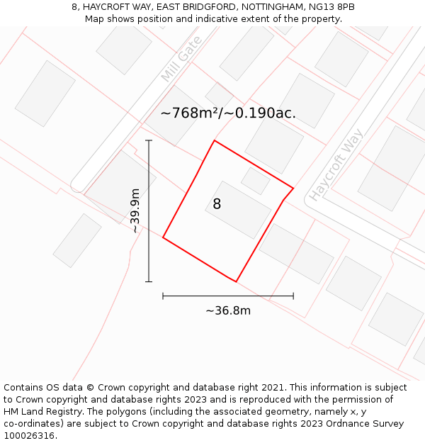 8, HAYCROFT WAY, EAST BRIDGFORD, NOTTINGHAM, NG13 8PB: Plot and title map