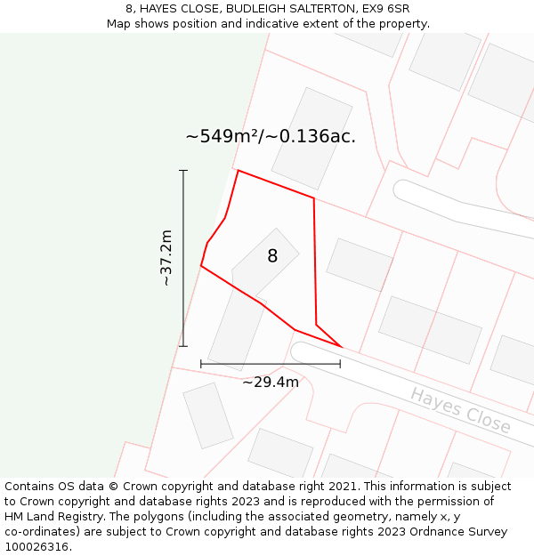 8, HAYES CLOSE, BUDLEIGH SALTERTON, EX9 6SR: Plot and title map