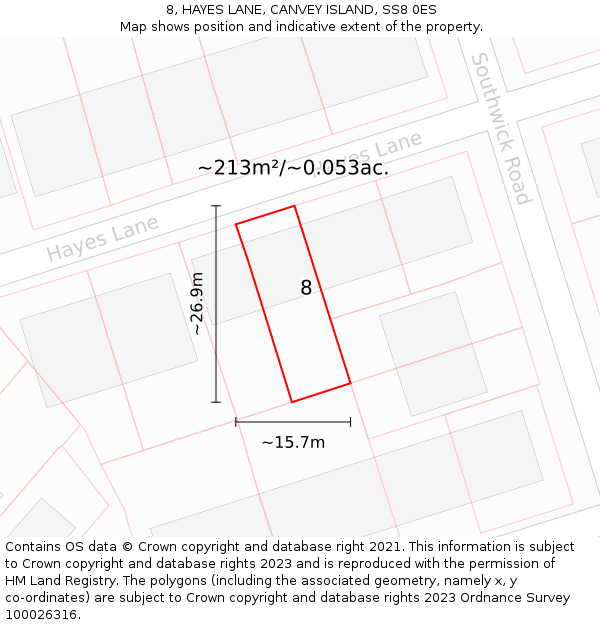8, HAYES LANE, CANVEY ISLAND, SS8 0ES: Plot and title map