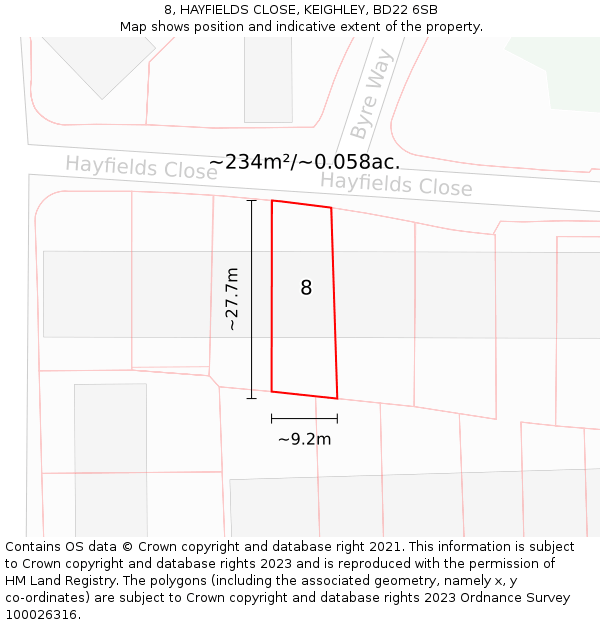 8, HAYFIELDS CLOSE, KEIGHLEY, BD22 6SB: Plot and title map