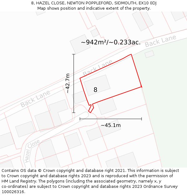 8, HAZEL CLOSE, NEWTON POPPLEFORD, SIDMOUTH, EX10 0DJ: Plot and title map