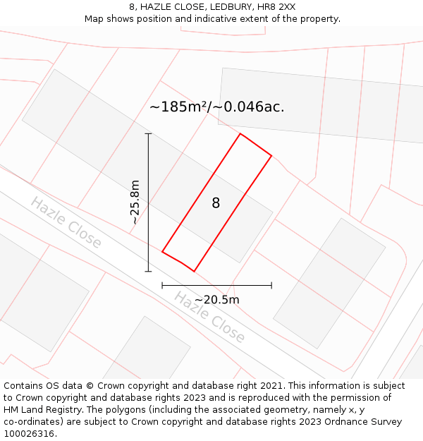 8, HAZLE CLOSE, LEDBURY, HR8 2XX: Plot and title map