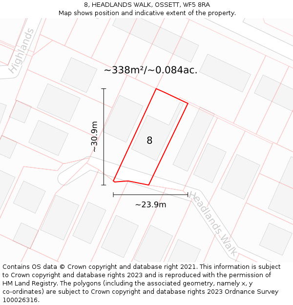 8, HEADLANDS WALK, OSSETT, WF5 8RA: Plot and title map