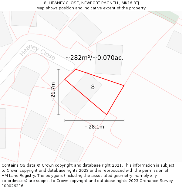 8, HEANEY CLOSE, NEWPORT PAGNELL, MK16 8TJ: Plot and title map