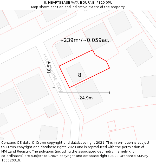 8, HEARTSEASE WAY, BOURNE, PE10 0PU: Plot and title map