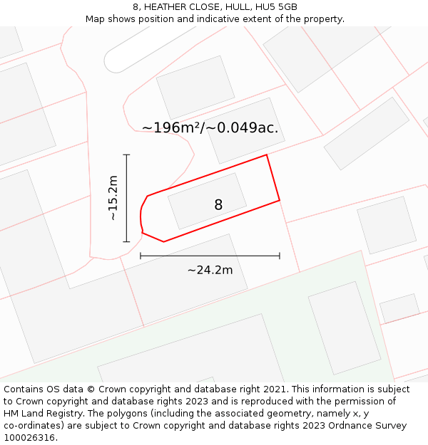 8, HEATHER CLOSE, HULL, HU5 5GB: Plot and title map