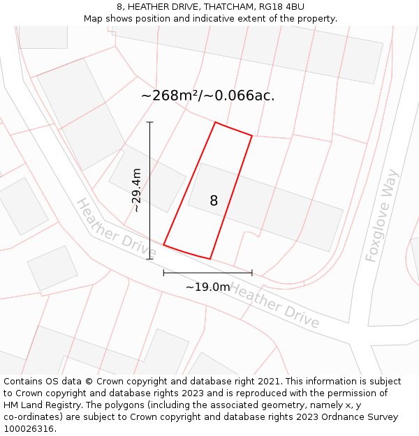 8, HEATHER DRIVE, THATCHAM, RG18 4BU: Plot and title map