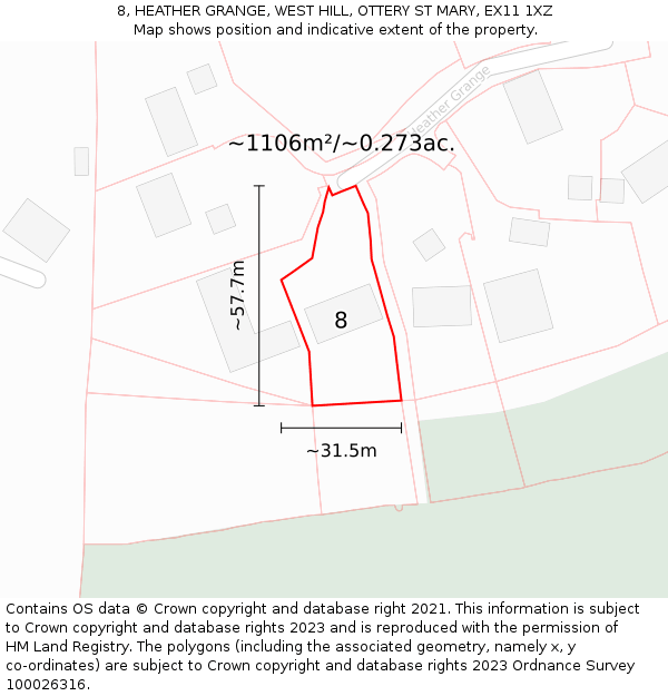 8, HEATHER GRANGE, WEST HILL, OTTERY ST MARY, EX11 1XZ: Plot and title map