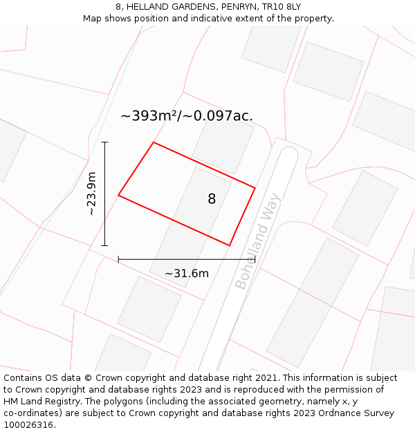 8, HELLAND GARDENS, PENRYN, TR10 8LY: Plot and title map