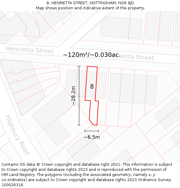 8, HENRIETTA STREET, NOTTINGHAM, NG6 9JD: Plot and title map