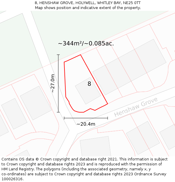 8, HENSHAW GROVE, HOLYWELL, WHITLEY BAY, NE25 0TT: Plot and title map