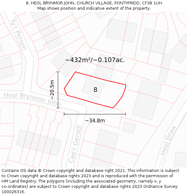 8, HEOL BRYNMOR JOHN, CHURCH VILLAGE, PONTYPRIDD, CF38 1UH: Plot and title map