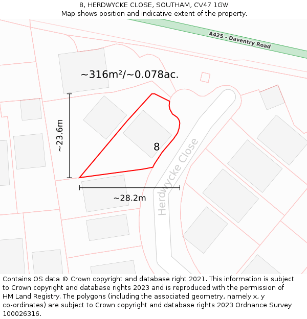 8, HERDWYCKE CLOSE, SOUTHAM, CV47 1GW: Plot and title map